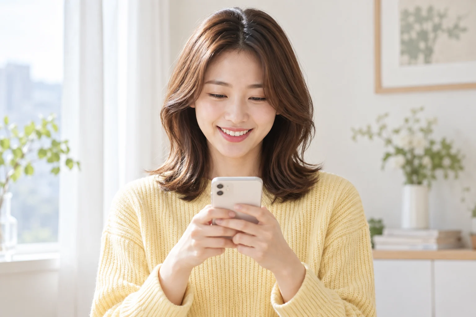 창가에서 휴대폰으로 상담 문자를 보내는 20대 여성