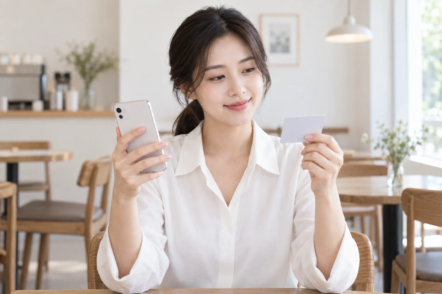 카페에서 휴대폰 결제 금액과 카드를 보는 30대 여성